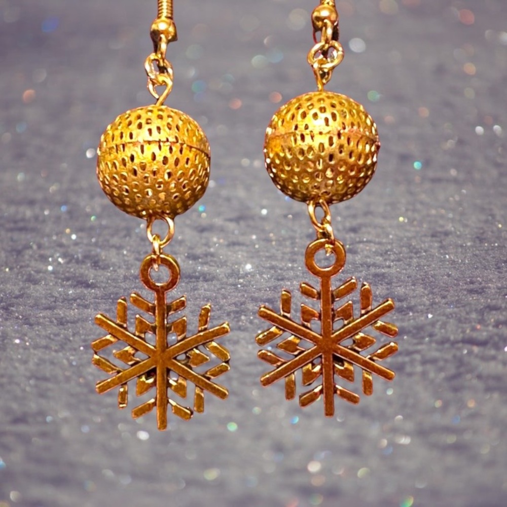 Hand Crafted Earrings Gold Snowflake Gold Cut-out Bead Dangle Jewelry Pierced